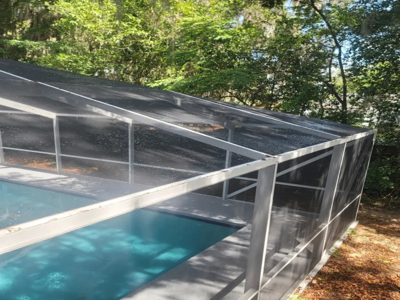 Clear pool cage roof after soft washing